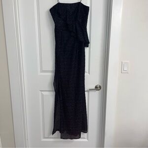 Halston Black Metallic Tinsel Strapless Gown with Side slit